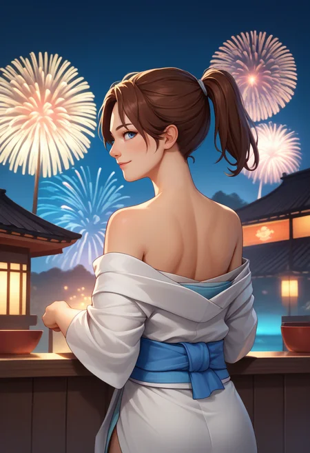 score_9, score_8_up, score_7_up, source_anime, from behind, solo, 1girl, chell, slight smile, looking back, ponytail, white kimono, off shoulder, blue sash, bare shoulders, fireworks <lora:portal_chell_ponyXL:1>