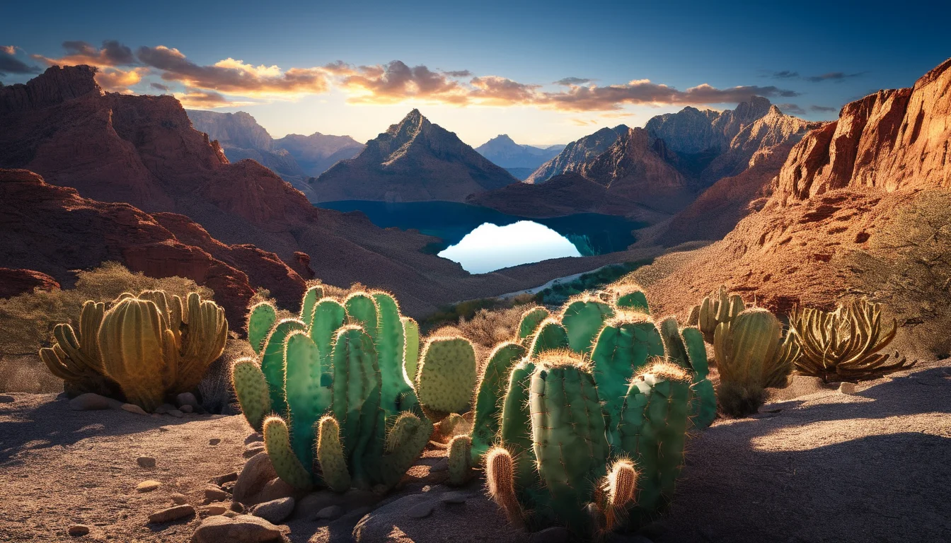 amazing photograph of gorgeous view, award winning, breathtaking, photo of the year, 4k, hyperrealistic, dramatic lighting <lora:Earth35_000010:0.4> <lora:Landscape_Unleashed:0.8>
In the image, there is a serene landscape with a mountain lake and hills in the background. A beautifully shaped cactus plant stands out prominently next to the lake, drawing attention as the focal point of this picturesque view. The scene captures the essence of nature and its wonders, inviting one to appreciate the tranquility that surrounds the area.
