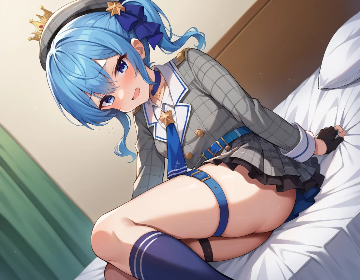 score_9, score_8_up, score_7_up, source_anime,
suiseihoshimachi, <lora:suisei-hoshimachi-ponyxl-lora-nochekaiser:1>
suisei hoshimachi, blue eyes, blue hair, choker, hair between eyes, medium hair, side ponytail, star choker,
ascot, asymmetrical legwear, belt, beret, black gloves, blue ascot, blue belt, blue bow, blue choker, bow, buttons, choker, collared shirt, crown, gloves, grey headwear, grey jacket, grey skirt, hat, jacket, jewelry, kneehighs, long sleeves, miniskirt, mismatched legwear, partially fingerless gloves, pendant, plaid, plaid jacket, plaid skirt, shirt, single kneehigh, single sock, skirt, skirt set, socks, star choker, star print, thigh strap, uneven legwear, white shirt,
indoors, bed, bed room, on side, blush, drunk,
looking at viewer, dutch angle, cowboy shot,