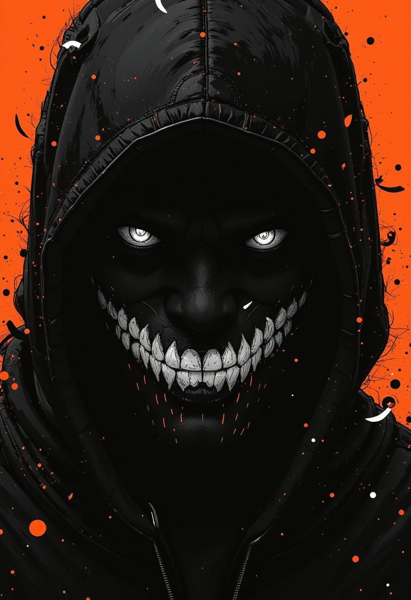 nistyle, monochrome Manga Sketch, extreme pointed hood Closeup, a dark ethereal ghosts black hood, Killing Gaze smile, eerie, eyes Shrouded in darkness, hyperdetailed manga sketch style, with bleached vibrant colorful neon color Highlights, grey, and white color grading. Translucent orange Backdrop with Glitch effects in another contrast application