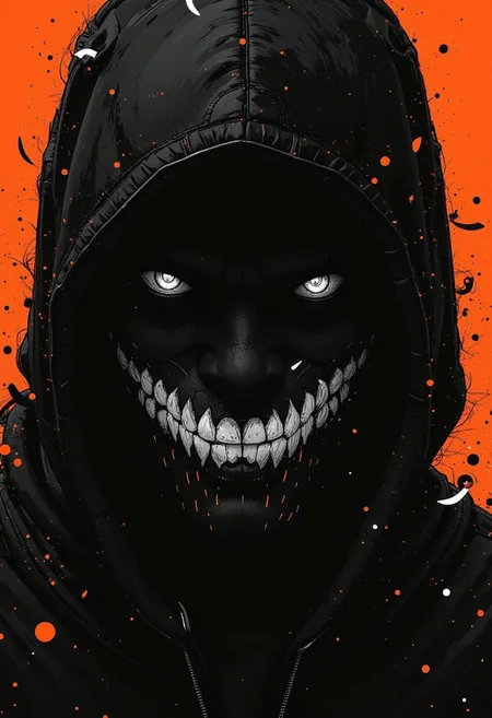 nistyle, monochrome Manga Sketch, extreme pointed hood Closeup, a dark ethereal ghosts black hood, Killing Gaze smile, eerie, eyes Shrouded in darkness, hyperdetailed manga sketch style, with bleached vibrant colorful neon color Highlights, grey, and white color grading. Translucent orange Backdrop with Glitch effects in another contrast application