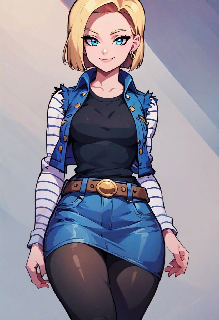 score_9, score_8_up, score_8, medium breasts, (curvy), cute, eyelashes,  
android 18, 1girl, solo, breasts, looking at viewer, smile, short hair, blue eyes, skirt, blonde hair, shirt, long sleeves, jewelry, medium breasts, closed mouth, jacket, pantyhose, earrings, belt, vest, blue skirt, black pantyhose, black shirt, denim, blue jacket, w, denim skirt, denim jacket,