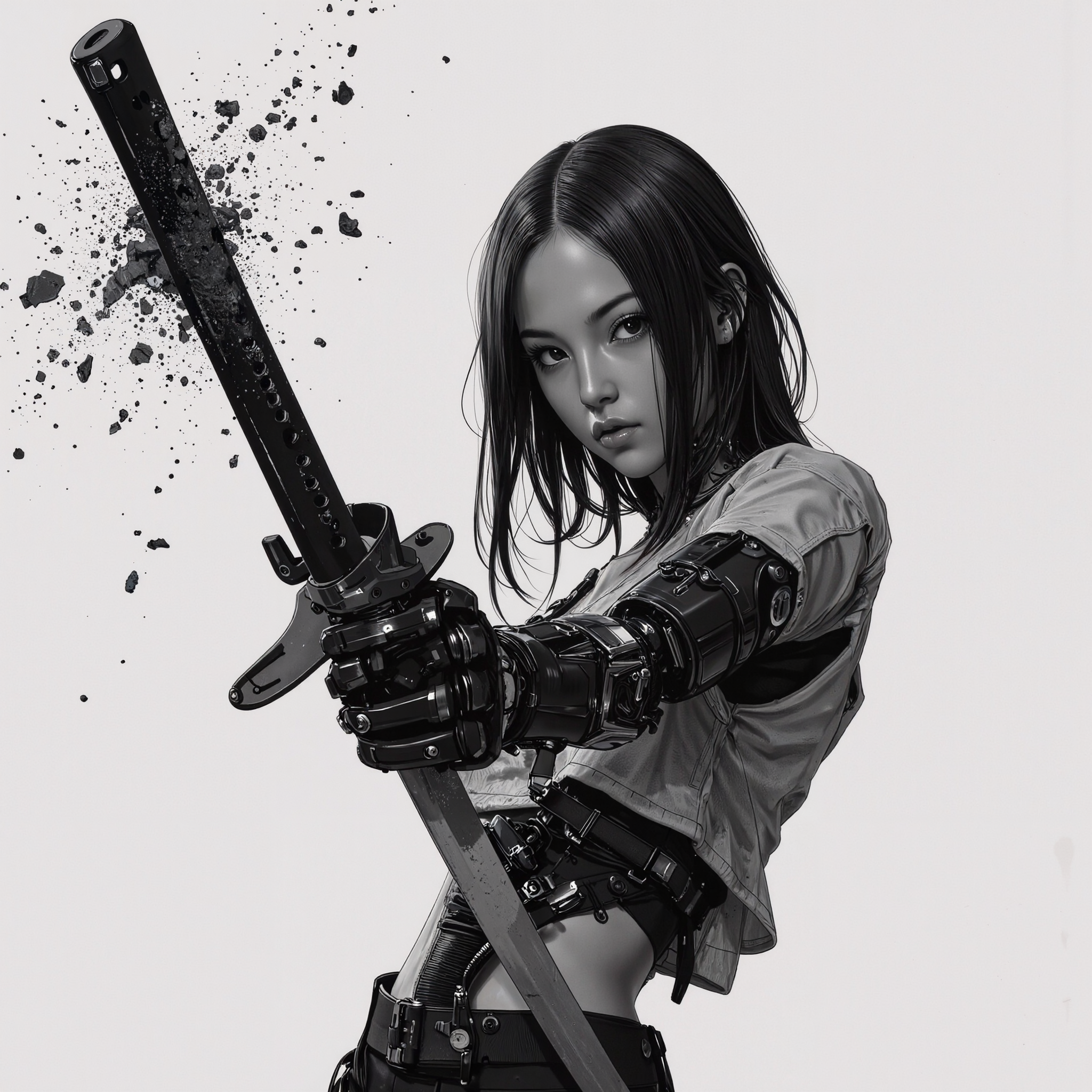 p0st_1mp4ct style, 8k Midjouney Anime Style, A dynamic manga sketch in black and white, showcasing a desolate female cyborg robot. Her joints are composed of intricate wires, metal, and synthetic materials, partially concealed by remnants of a battered armor plating. She holds a mysterious, powerful katana toward the viewer, which is dramatically disintegrating into dust and being carried away by the wind. High contrast emphasizes her silhouette against a moody, atmospheric background, with cinematic motion lines capturing the swirling dust and movement. The composition is striking, evoking a sense of drama and mystery, with a focus on the cyborg's determined gaze and the fleeting remnants of the sword. <lora:Evangelion_Post-impact_Apocalyptic_Style_Flux.1_D_by_AutoPastel-000019:0.38> <lora:Hand v2:0.94> <lora:Dark_Gray_Photography_flux:0.22> <lora:8k Midjouney Anime Style:0.83> <lora:katana-v01:0.72>