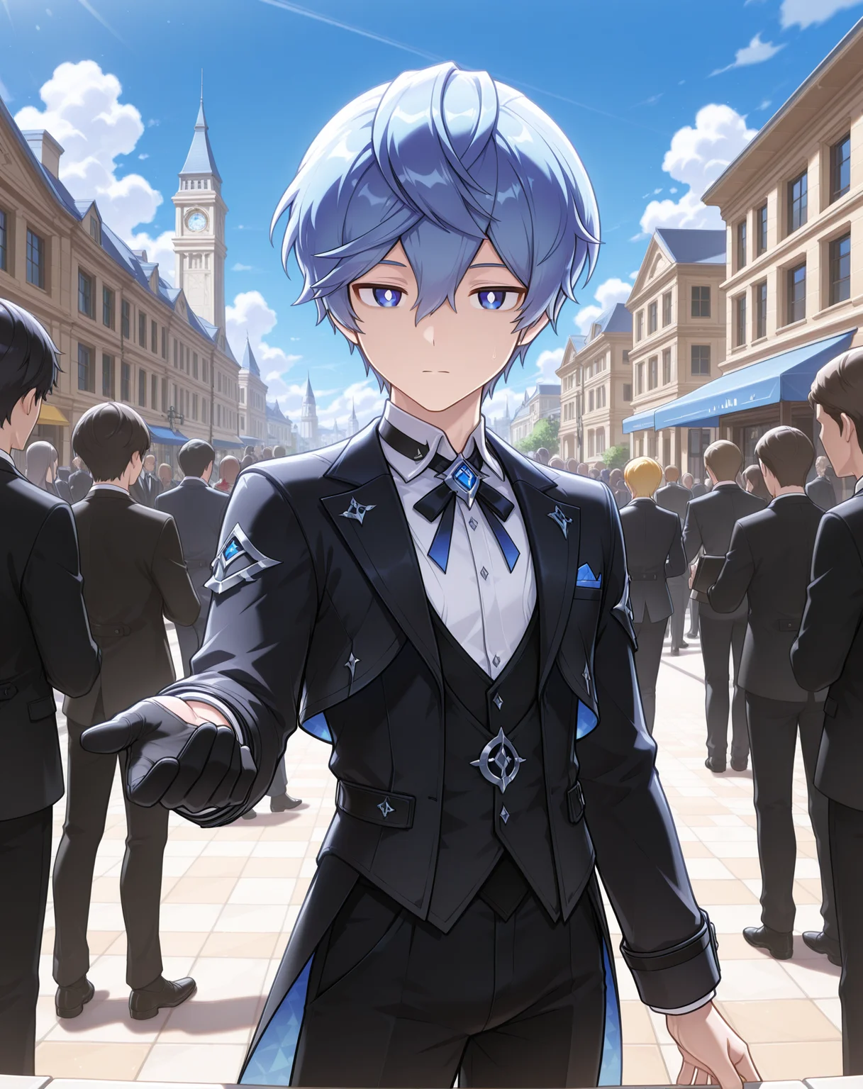 masterpiece,best quality,amazing quality, newest, very aesthetic, absurdres,
1boy, solo, yaoi, male focus, looking at viewer, cowboy shot, standing,
<lora:Noah_Liberator_ilxl:1> noahlb, blue eyes, blue hair, hair between eyes, short hair, white pupils,
formal, tuxedo, neck ribbon, white shirt, collared shirt, black pants, shoes, black footwear, suit jacket, black jacket,
outdoors, day, blue sky, building, people, <lora:StS_Age_Slider_Illustrious_v1:1.5>
