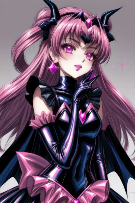 evil corrupted young princess wearing dark pastel (ruffled:1) (gleaming latex:1) EvlSM DarkPrecure Bad_End_Precure gown with (long latex cape:1) and latex elbow bridal gauntlets, (Perfect Face:1), soft lighting, glossy red lips, ruffles,
<lora:more_details:1>