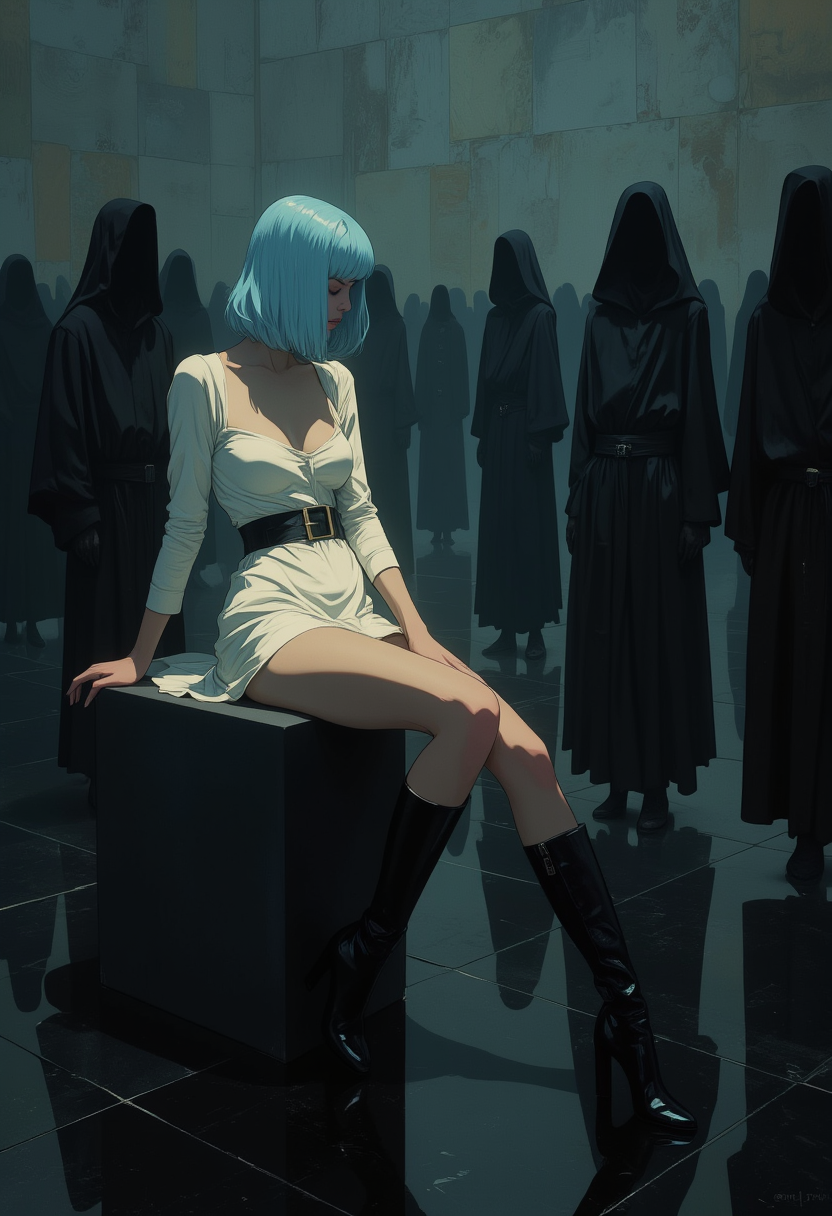 in the style of cksc, masterpiece,best quality, very aesthetic, absurdres 
 by Stephen Shore, by Christopher Balaskas, by Jerzy Duda-Gracz , aesthetic, harmonic, artistic, creative, esthetic. .
.  Surreal digital painting, inspired by Alphonse Mucha's Art Nouveau style, Endless dark room, black mirrored floor.
, a woman with light blue hair. (modest white one-piece dress),  black belt, Heavy black boots. , wide hips.  Sitting on a dark matte cube,  leg on leg. 
 In the background there are black shadows of people fully dressed in black hooded robes without faces.
,,. .

.,, hyperrealistic, 4K ,.,

 Otherworldly atmosphere.
(Depth of field), low saturation,detail. 