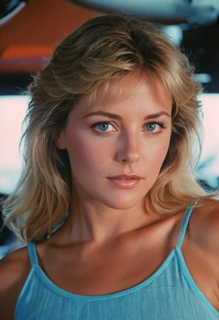 MiamiVice, woman, blue eyes, tank top, closeup, indoors, highly detailed, 4K, (grainy analog 35mm film photo)