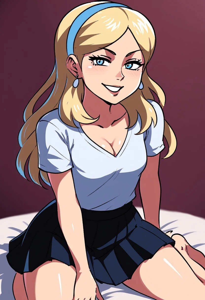 score_9, score_8_up, score_7_up, score_6_up, score_5_up, score_4_up, source_cartoon, <lora:confetti-extract- ponyxl:0.85>, detailed eyes, easynegative, rating_explicit, Expressiveh, 1girl, solo,ceo,
petite, blue eyes, shirt, blonde hair, long sleeves, jewelry, collarbone, white shirt, short sleeve shirt, t-shirt, earrings, hairband, open clothes, long hair, blue hairband, blue headband, black skirt, box pleated skirt,
confident, parted lips, smile, cleavage, small breasts, small breasts, close up
