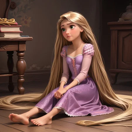 score_9, score_8, score_7, score_6, Rapunzel, 1girl, R_punzel, very long hair, sitting on the floor, barefoot