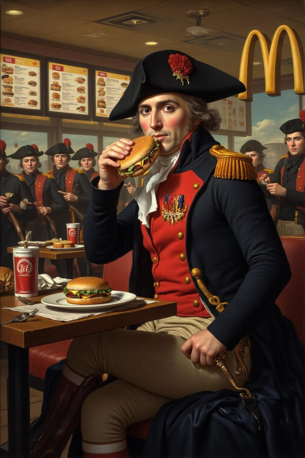jldavid1 painting
Napoleon Bonaparte, depicted in his iconic full military uniform complete with a richly adorned jacket, epaulets, and a tricorn hat, sits at a modern McDonald's fast-food location. He is biting into a Big Mac, his expression calm and composed, as if this is a normal part of his day. Around him, his military guards, dressed in period-accurate uniforms, stand with wide-eyed amazement and bewilderment, some holding their muskets loosely, others pointing in disbelief.
The backdrop features the bright and colorful interior of a McDonald's, complete with menu boards, golden arches, and customers in contemporary attire casually enjoying their meals. The juxtaposition of historical grandeur with the everyday modernity creates a humorous and surreal atmosphere. The scene is lively and detailed, capturing the absurdity of Napoleon embracing a 21st-century meal
 <lora:jldavid1_cap_d6a3:1.0><lora:815783361181363079:0>