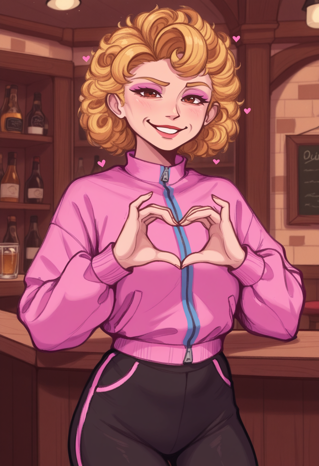 masterpiece, best quality, 1girl, solo, <lora:NSPamStardew:1> NSPamStardew, brown eyes, curly hair, short hair, blonde hair, lipstick, pink eyeshadow, track jacket, pink jacket, black pants, indoors, pub, heart hands, smile, looking at viewer