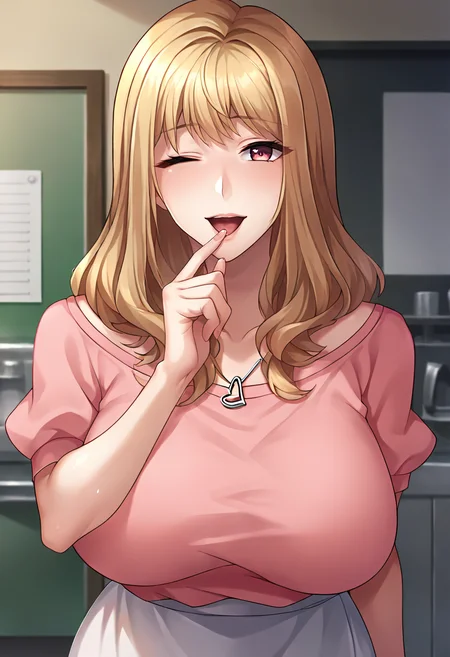score_9, score_8_up, score_7_up, masterpiece, source_anime, 1girl, solo, ct_m4ko, huge breasts, long hair, light pink shirt, puffy short sleeves, heart necklace, long skirt, looking at viewer, indoors, shiny skin, hand on chin, cowboy shot, portrait, one eye closed, happy, <lora:Mako_Suzumoto_Pony_ct_ver2:1>