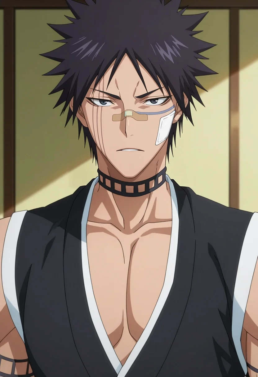 masterpiece, best quality, , anime screencap, , , looking at viewer, 1boy, solo, male focus, <lora:shuuhei_hisagi_ilxl:1>, shuuhei_hisagi, black hair, black eyes, short hair, spiked hair, tattoo, facial mark, bandaid on nose, scar on face, , choker, ,