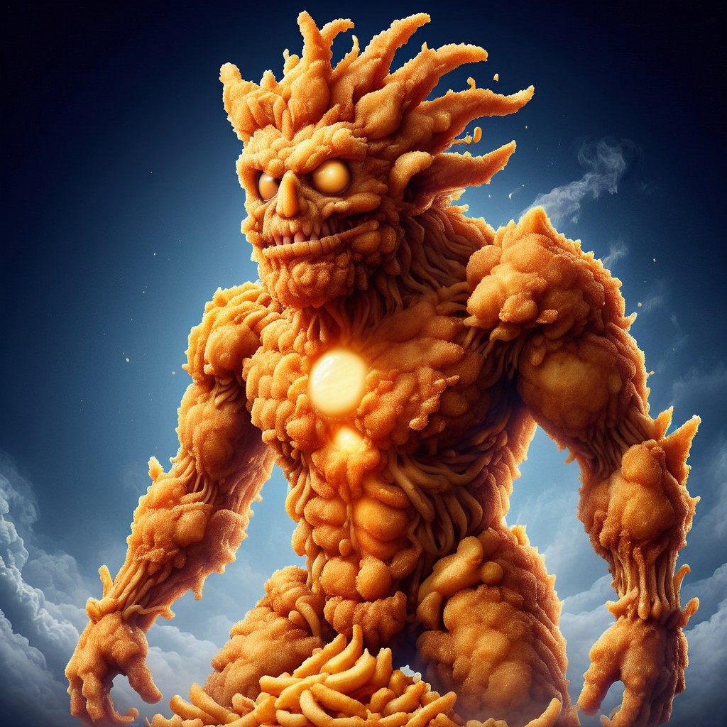 DFC A towering creature made of breaded and fried ingredients, with onion rings for eyes and molten cheese oozing from its core. made of deep fried & crispy breading