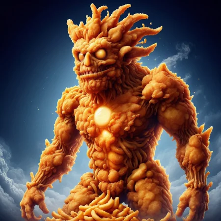 DFC A towering creature made of breaded and fried ingredients, with onion rings for eyes and molten cheese oozing from its core. made of deep fried & crispy breading