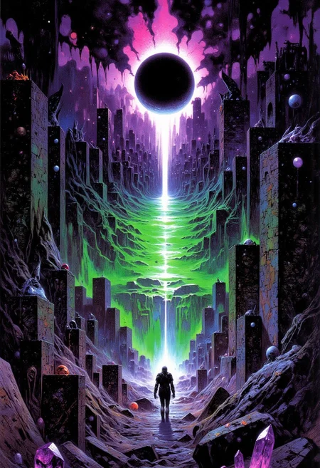 This is a digital artwork depicting a fantasy dreamscape at night. The scene is dominated by a striking, intense electric purple and lime green gradient that fades from the top to the bottom, giving the image a surreal and fantasy feel. The gradient suggests a fiery or smoky atmosphere, possibly indicating a fantasy setting.
The area itself is a sprawling mass of  giant cubic formations with levitating glowing stars on top. The formations are densely packed, creating a maze-like structure that appears to stretch into the distance.silhouettes lurking in pain. The overall texture is rough and gritty, with a sense of decay and abandonment.
A central, narrow glowing pathway cuts through the area, leading towards a bright, glowing light at the top center of the image. This light is intensely bright and appears to be the source of the electric purple-lime green gradient, possibly a black hole. The black hole is surrounded by a glowing orbs, adding to the eerie and madness atmosphere.
Crystals are in the foreground to the left and right of the image. The perspective is high, giving a low angle view of the area, enhancing the sense of desolation and scale.
best quality,high resolution,vibrant neon colors,deep darks,epic scale,disturbing,poignant atmosphere.dramatic,wind,forced perspective,scenery,vibrant,colorful,(no humans:1.3),high detail,complex composition
john berkey
moebius
David A. Hardy
Kay Nielsen