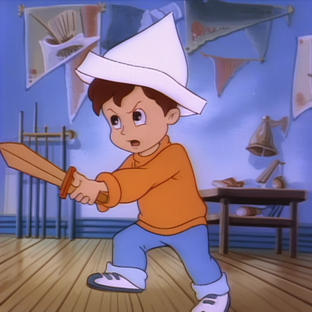 score_9_up, score_8_up, BREAK, peterwalker, 1boy, human, male child, brown hair, brown eyes, orange sweater, blue pants, play room, holding sword, play hat, <lora:Peter_Walker_Care_Bears:1>