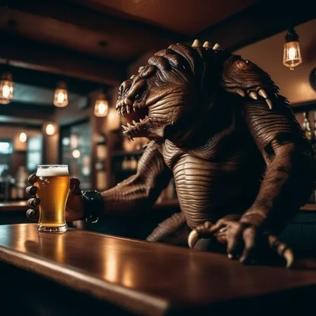 cinematic photo a full body portrait monster, claws, sharp teeth, having a beer in a pub <lora:Rancor1024:0.8> . 35mm photograph, film, bokeh, professional, 4k, highly detailed