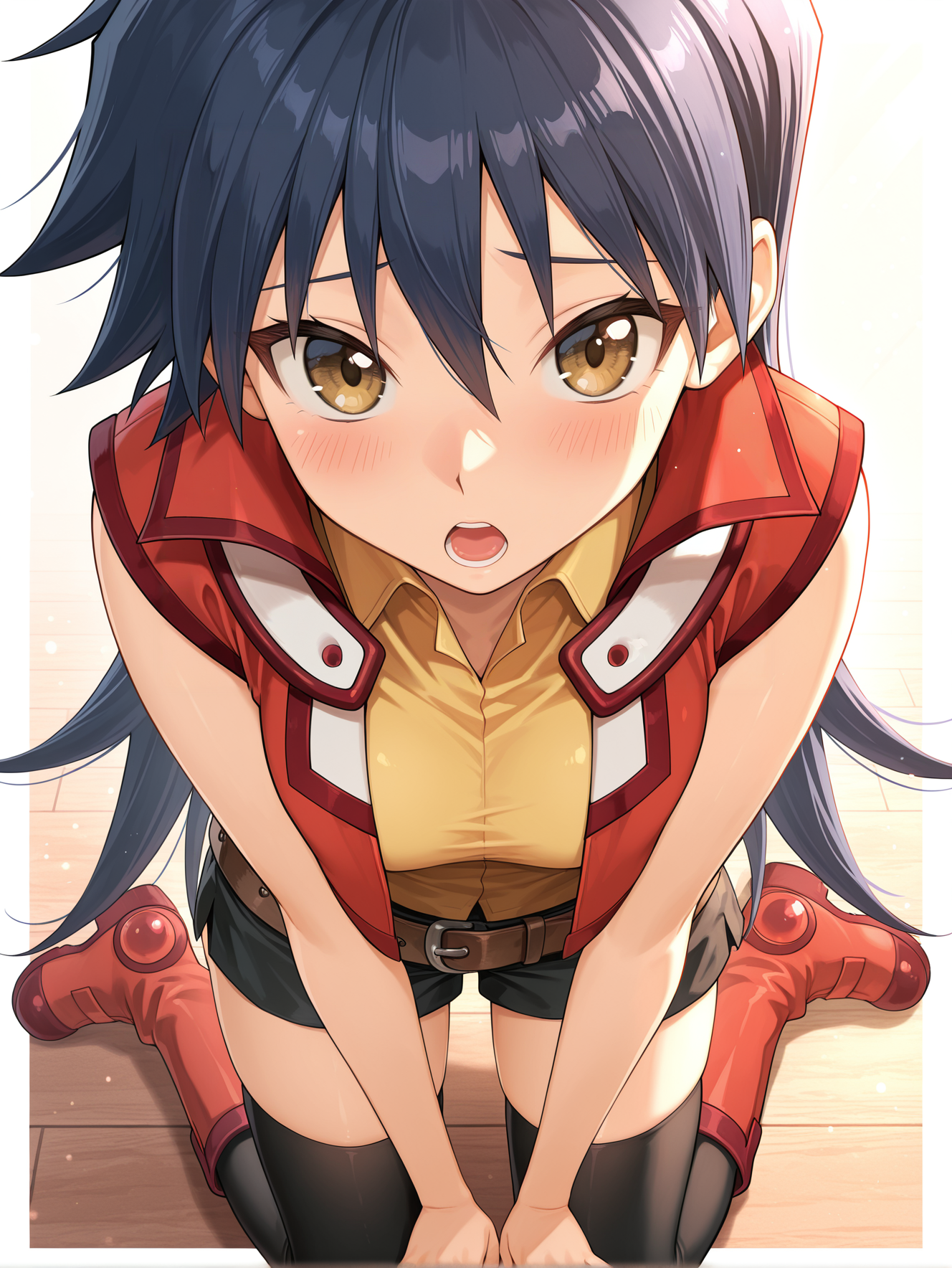 saotome rei, 1girl, duel academy uniform \(yu-gi-oh! gx\), solo, blush, red knee boots, open mouth, black thighhighs, from above, kneeling, white background, looking at viewer, red vest, simple background, yellow sleeveless shirt, black shorts, brown belt, white border,
masterpiece,best quality,amazing quality,very aesthetic,absurdres,newest,scenery,extreme detail,8k,light particles,soft lighting,volumetric lighting,intricate details,finely detailed,detailed eyes,<lora:Saotome Rei illusXL v1:0.73>,