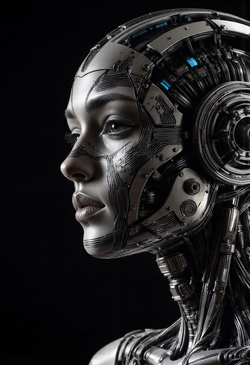 A striking mechanical portrait of a beautiful face from the future, rendered entirely in black and white, glows in a pitch-dark room. The design is a fusion of synthetic elegance and cold machine precision—metallic textures and fine circuit-like patterns replacing human skin, yet retaining an undeniable beauty. High-contrast lighting outlines the contours sharply, casting deep shadows that emphasize the artificial structure. There’s no ambient light, only sculpted highlights that carve the face out of darkness. Occasionally, thin streaks of electric blue seep through mechanical seams, hinting at the energy pulsing beneath the surface—like a ghost of emotion in a synthetic being.