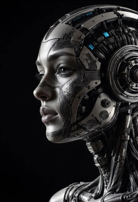 A striking mechanical portrait of a beautiful face from the future, rendered entirely in black and white, glows in a pitch-dark room. The design is a fusion of synthetic elegance and cold machine precision—metallic textures and fine circuit-like patterns replacing human skin, yet retaining an undeniable beauty. High-contrast lighting outlines the contours sharply, casting deep shadows that emphasize the artificial structure. There’s no ambient light, only sculpted highlights that carve the face out of darkness. Occasionally, thin streaks of electric blue seep through mechanical seams, hinting at the energy pulsing beneath the surface—like a ghost of emotion in a synthetic being.
