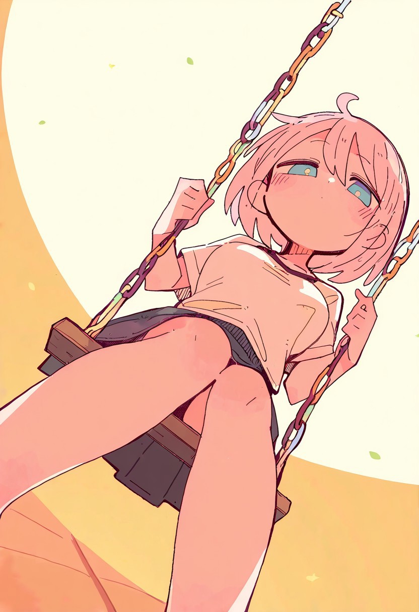 realistic, oharu-chan, akai sashimi, massakasama, masterpiece, highres, absurdres, newest, year 2024, year 2023, safe general,
perspective,  (dutch angle:1.1), foreshortening, small,  
solo, (relaxing:1.1), 
detailed background,  sunbeam, (sidelighting:1.2), 1girl,
Sitting on a swing, carefree mood, swinging gently, playground setting, golden hour light, from the front. Clothing: Playful T-Shirt, Casual Skirt. dynamic light, warm tones, nostalgic mood, textures of swing and surroundings, joyful childhood essence, vibrant play setting.
<lora:ponyv4_noob1_2_adamW:0.3>, <lora:spo:0.85>,  
<lora:illustrious_noobai_epsilon_pred_1_masterpieces_v1:1.0>,