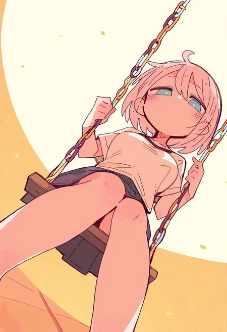 realistic, oharu-chan, akai sashimi, massakasama, masterpiece, highres, absurdres, newest, year 2024, year 2023, safe general,
perspective,  (dutch angle:1.1), foreshortening, small,  
solo, (relaxing:1.1), 
detailed background,  sunbeam, (sidelighting:1.2), 1girl,
Sitting on a swing, carefree mood, swinging gently, playground setting, golden hour light, from the front. Clothing: Playful T-Shirt, Casual Skirt. dynamic light, warm tones, nostalgic mood, textures of swing and surroundings, joyful childhood essence, vibrant play setting.
<lora:ponyv4_noob1_2_adamW:0.3>, <lora:spo:0.85>,  
<lora:illustrious_noobai_epsilon_pred_1_masterpieces_v1:1.0>,