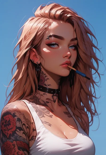 Score_9, Score8_up, Score_7_up, (((High Resolution, Best Quality))), Covered in Tattoos, brushing hair behind ear,
Tanktop, cutoff, choker,