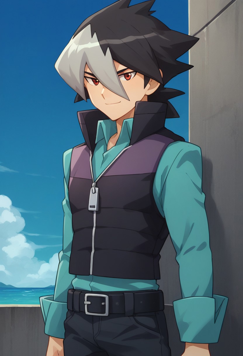 score_9, score_8_up, score_7_up, source_anime, highly detailed, 
kaidou, 1boy, male focus, solo, red eyes, multicolored hair, two-tone hair, black hair, grey hair, bangs, hair between eyes, hair over one eye, shirt, blue shirt, vest, popped collar, zipper, belt, pants, black pants, smile,
outdoor, sky
