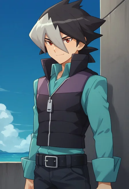 score_9, score_8_up, score_7_up, source_anime, highly detailed,
kaidou, 1boy, male focus, solo, red eyes, multicolored hair, two-tone hair, black hair, grey hair, bangs, hair between eyes, hair over one eye, shirt, blue shirt, vest, popped collar, zipper, belt, pants, black pants, smile,
outdoor, sky