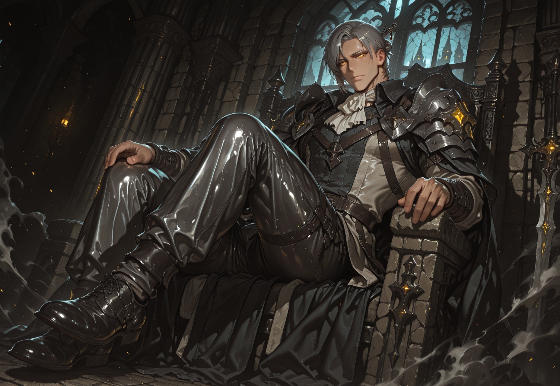 masterpiece, best quality, amazing quality, very aesthetic, absurdres, newest, detailed background, warm and cold mixed light, gothic medieval castle, sitting on throne, seductive atmosphere, background details visible, definition so sharp it cuts latency, Ultra-HD, 8K cinematic, shiny skin, shadow, outdoor, medieval stone walls, stone pillars, gothic aesthetic, moonlight beams through window, mosaic window, faint cold mist swirling across the floor, (floating dust motes:1.5), dynamic pose, seductive seated pose, male focus, mature male, manly, seated pose, dynamic angle, 1boy, tagatamezain, short hair, grey hair, yellow eyes, glowing yellow eyes, looking down at viewer, manly amused expression, hair ornament, hairpin, armor, coat, ascot, cape, pants, shoes, seductive darkness, sharp glow, muted colors, landscape, worm's-eye view

