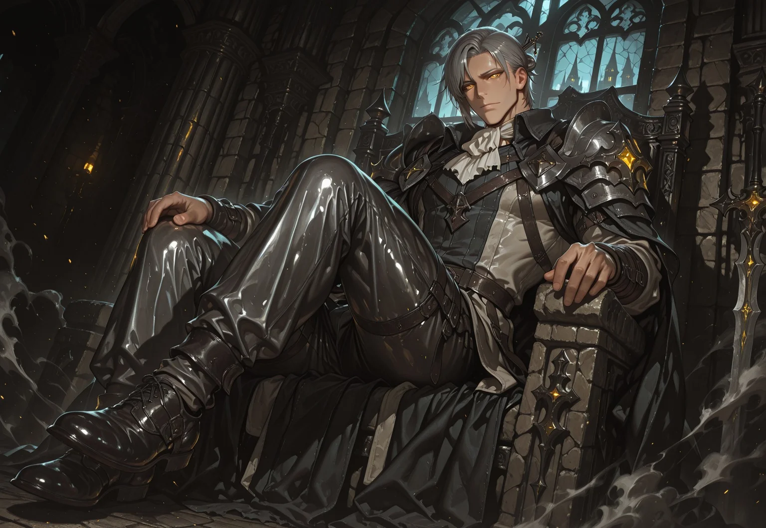 masterpiece, best quality, amazing quality, very aesthetic, absurdres, newest, detailed background, warm and cold mixed light, gothic medieval castle, sitting on throne, seductive atmosphere, background details visible, definition so sharp it cuts latency, Ultra-HD, 8K cinematic, shiny skin, shadow, outdoor, medieval stone walls, stone pillars, gothic aesthetic, moonlight beams through window, mosaic window, faint cold mist swirling across the floor, (floating dust motes:1.5), dynamic pose, seductive seated pose, male focus, mature male, manly, seated pose, dynamic angle, 1boy, tagatamezain, short hair, grey hair, yellow eyes, glowing yellow eyes, looking down at viewer, manly amused expression, hair ornament, hairpin, armor, coat, ascot, cape, pants, shoes, seductive darkness, sharp glow, muted colors, landscape, worm's-eye view

