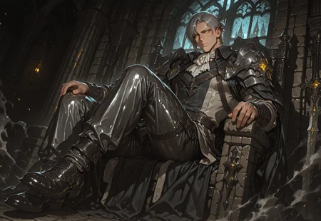 masterpiece, best quality, amazing quality, very aesthetic, absurdres, newest, detailed background, warm and cold mixed light, gothic medieval castle, sitting on throne, seductive atmosphere, background details visible, definition so sharp it cuts latency, Ultra-HD, 8K cinematic, shiny skin, shadow, outdoor, medieval stone walls, stone pillars, gothic aesthetic, moonlight beams through window, mosaic window, faint cold mist swirling across the floor, (floating dust motes:1.5), dynamic pose, seductive seated pose, male focus, mature male, manly, seated pose, dynamic angle, 1boy, tagatamezain, short hair, grey hair, yellow eyes, glowing yellow eyes, looking down at viewer, manly amused expression, hair ornament, hairpin, armor, coat, ascot, cape, pants, shoes, seductive darkness, sharp glow, muted colors, landscape, worm's-eye view