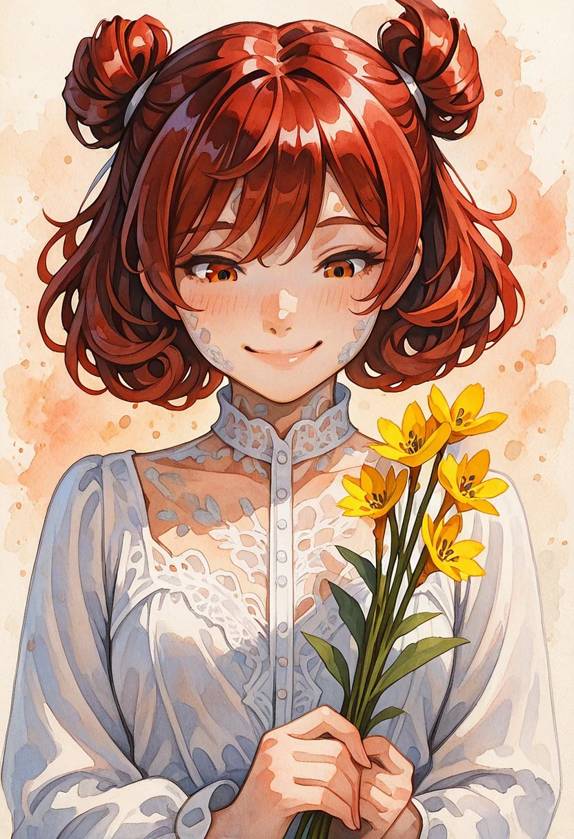 lazypos, PixelWater, 1girl, upper body portrait, curly auburn hair in twin buns, freckled skin, amber eyes, shy smile, wearing a white lace blouse, holding a bouquet of wildflowers, looking slightly down, warm watercolor splash background,