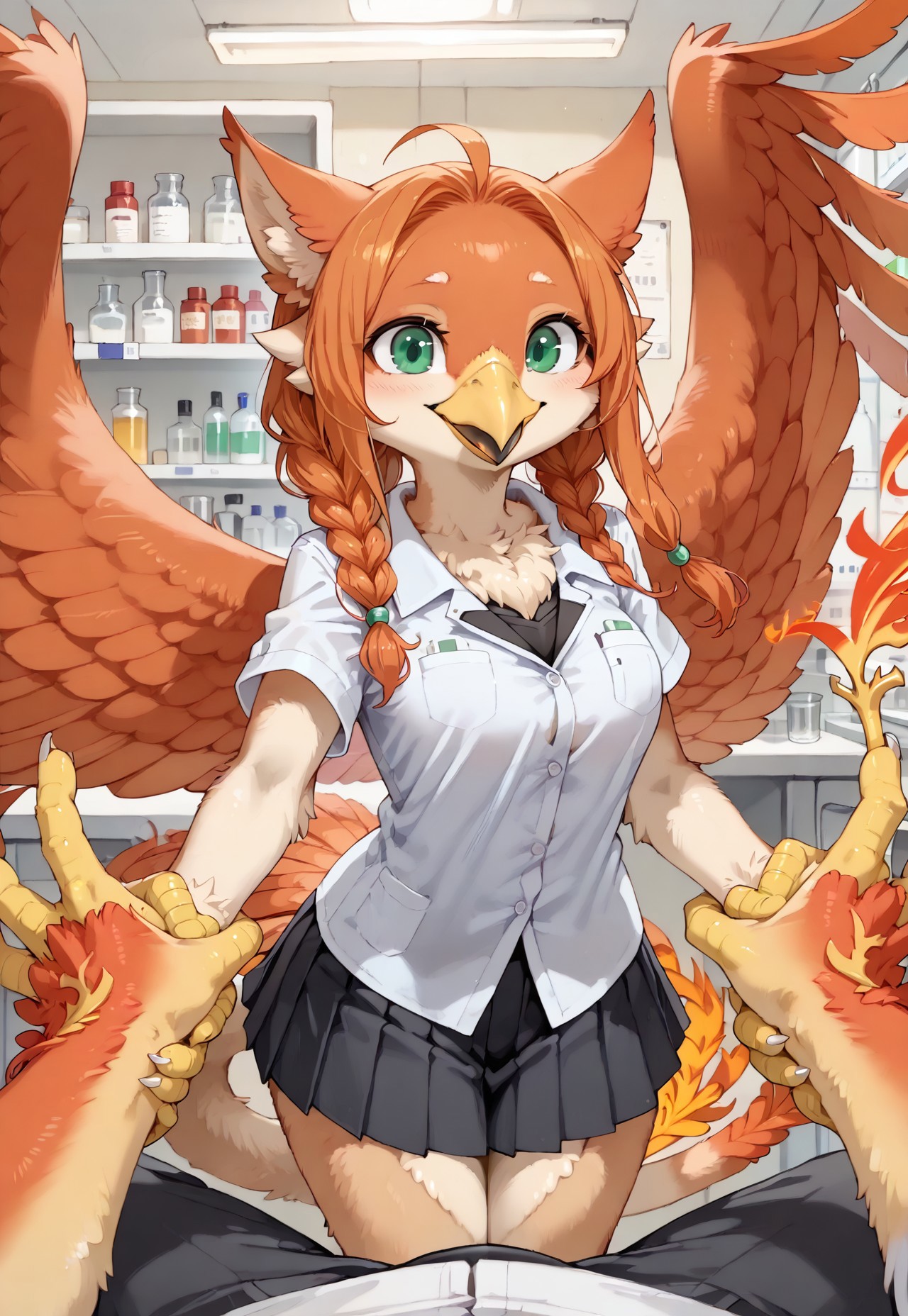 safe_pos, (Anthro:1:5), Rating_safe, score_9, score_8_up, score_7_up, detailed, perfect eyes, detailed background, source_anime, source_furry, (long orange hair:1.5), (braided hair:1.5), (happy), (closed mouth:1.5)

(kagarimachi_konatsu), (human:1.5), (1woman), (alone:1.5), (green eyes:1.5), (shortstack:1.25), (slender body:1.5), (medium breasts:1.15), cute, (pink short sleeved shirt:1.25), (black pleated skirt with frills:1.5), (lab:1.7), (phoenix wings:1.5), (pointy phoenix ears:1.5), (phoenix tail:1.5), (one leg up:1), (animal legs:2), (talon hands:1.75), (phoenix feathers:1.75), (beak:1.75), (pov holding her talon:1.5)