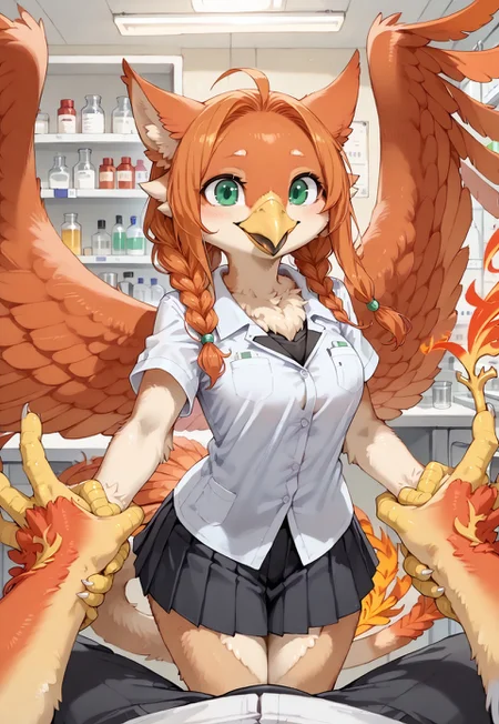 safe_pos, (Anthro:1:5), Rating_safe, score_9, score_8_up, score_7_up, detailed, perfect eyes, detailed background, source_anime, source_furry, (long orange hair:1.5), (braided hair:1.5), (happy), (closed mouth:1.5)

(kagarimachi_konatsu), (human:1.5), (1woman), (alone:1.5), (green eyes:1.5), (shortstack:1.25), (slender body:1.5), (medium breasts:1.15), cute, (pink short sleeved shirt:1.25), (black pleated skirt with frills:1.5), (lab:1.7), (phoenix wings:1.5), (pointy phoenix ears:1.5), (phoenix tail:1.5), (one leg up:1), (animal legs:2), (talon hands:1.75), (phoenix feathers:1.75), (beak:1.75), (pov holding her talon:1.5)