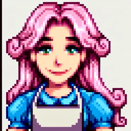 score_9, score_8_up, score_7_up, source_anime, BREAK, solo, 1girl, smile, looking at viewer, <lora:Stardew-Valley-Portraits-pdxl_Fp:1>, portrait, simple background, pixel art, white background, <lora:Ninahm-pdxl_Fp:1>, ninahm, pink hair, green eyes, long hair, blue dress, white apron, puffy sleeves, short sleeves,