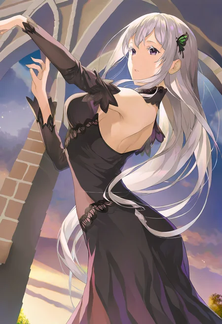 close-up view of a girl named echidna from re:zero series black long dress, is dancing elegantly, at day, best lighting and shadow, amazing quality, very beautiful color, delicate face, cinematic lighting, by sage joh