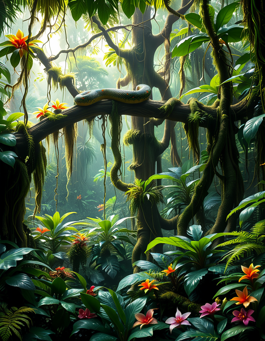 A dense and vibrant jungle,jungl3, captured in a realistic photographic style, with lush green foliage of various tropical plants, tall trees covered in moss and vines, and sunlight filtering softly through the canopy above. The atmosphere feels humid and alive, with small details such as ferns, orchids, and a scattering of tropical flowers in shades of red, yellow, and purple. A narrow, winding dirt path cuts through the undergrowth, partially hidden by fallen leaves and roots. The scene feels immersive and serene, with subtle mist lingering in the distance, enhancing the sense of depth and mystery. The overall lighting is natural, with dappled sunlight creating dynamic shadows on the ground and the surrounding plants.
<lora:jungl3:1><lora:SDXLFaeTastic2400:0.4> <lora:extremely_detailed:0.4> extremely detailed, Masterpiece,best quality,hi res,8k,hi res,8k,award winning,(sharp focus, intricate, highly detailed),