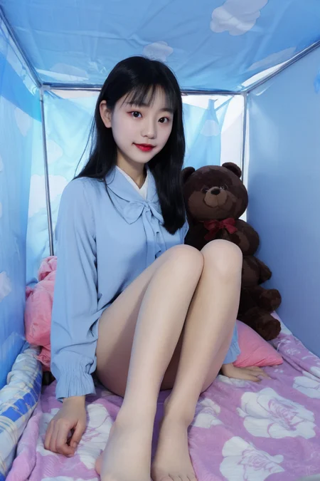 <lora:beibei:0.7>,beibei, barefoot, black hair, blue sky, day, flower, lips, lipstick, long hair, looking at viewer, makeup, realistic, rose, sitting, sky, solo, stuffed animal, stuffed toy, teddy bear, window, 1girl