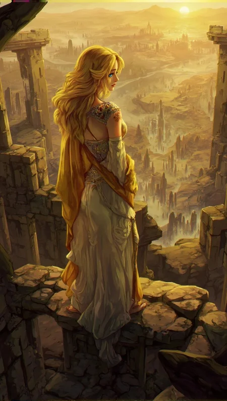 <lora:ck-LttleGhost-000011.safetensors:1> in the style of ck-lttlegh0stA golden-lit illustration of a statuesque blonde woman wearing an ornate gold and jewel-encrusted outfit, standing atop a crumbling stone wall overlooking the ancient city of Eldrador. Her wise blue eyes gaze out upon the ruins as she contemplates some forgotten truth, her determined expression exuding quiet authority amidst the fading light and crumbling architecture.