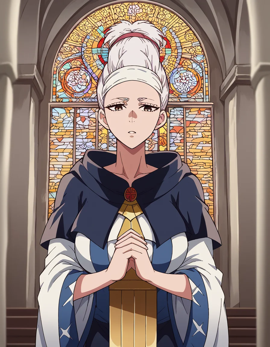 score_9, score_8_up, score_7_up, source_anime, <lora:seiko-ayase-alpha-ponyxl-lora-nochekaiser:1>, seiko ayase, long hair, large breasts, white hair, brown eyes,, <lora:buddhist-nun-ponyxl-lora-nochekaiser:1>, buddhist nun, nun, habit, vitakra mudra, mudra, coif, gold necklace, priestess,, church, parted lips, praying,, cowboy shot, , dutch angle, cowboy shot