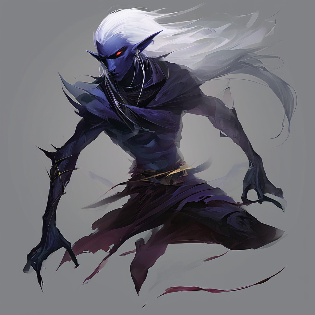 Drow are the Dark Elves of the Underworld - fearless killers who are known for both their spellcasting and fighting ability. Though more frail than humans,they are solid fighters with a great reputation of ruthlessness and precision. Those who cross a dark elf usually meet a swift demise. Drow are tallish elves with indigo skin and white hair,and usually have either red or golden eyes.,masterpiece,long exposure,layered elements,motion photography,stark contrasting color transitions,saturated colors,harmonious color story,illusionism,beautiful details,blackhole energy core,
<lora:artfullydrow__sdxl_v1:1>,