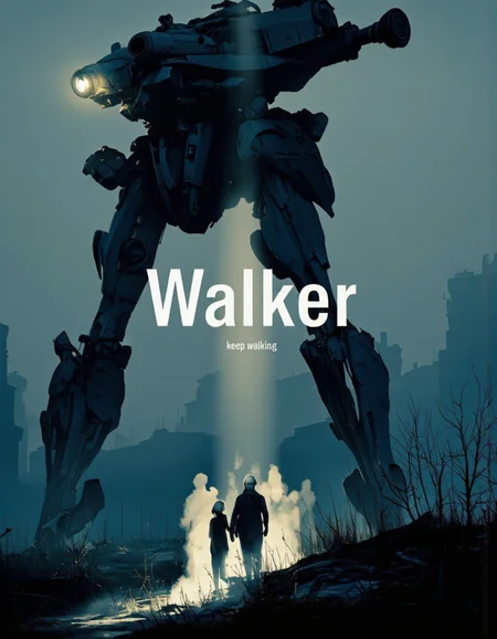 Art by Ronan Le Fur. A digital illustration shoot from a front camera angle about a large, imposing robot standing in a foggy environment, illuminated by a beam of light. the robot, named Walker, is the main focus of the image, standing tall in the middle of the frame. it is made of metal and has a sleek, metallic design with a large gun mounted on its back. The background is a hazy, misty blue, with a faint outline of a cityscape visible in the distance. surrounding the robot are silhouetted against the fog, creating a sense of depth and atmosphere. in the foreground, a group of small, black figures are standing close together, their shadows cast on the ground. the figures are illuminated by the soft, ethereal light emanating from the robot's headlight, casting a gentle glow on their faces and body. the overall mood is eerie and foreboding, adding to the sense of mystery and isolation in the scene. the text "Walker" is prominently displayed in the center of the poster, with the words "keep walking" written in a bold, white font.