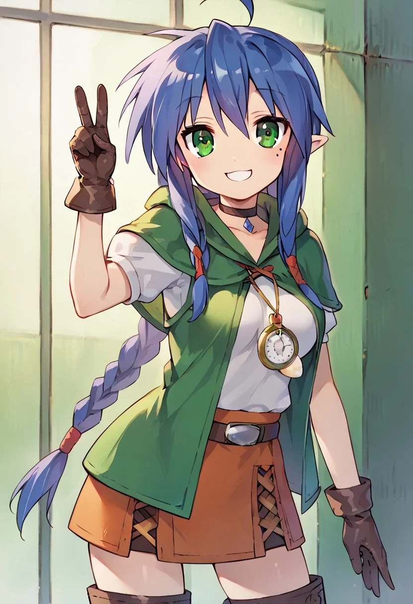 score_9, score_8_up, score_7_up,source_anime, masterpiece, ultra detailed, highres, 4k, best quality, BREAK, <lora:konata:0.7> Konata Izumi, solo, long hair, ahoge, mole, glossy hair, smooth hair, shiny hair, Linkle, Twin braids, green capelet, hood, leather gloves, skirt, thigh boots, choker, belt, smile, dark blue hair, medium breasts, round breasts, D-cup breast size, adult, mature, aged up, evil smile, cute, cute face, outstanding, countershading, detailed soft lighting, backlighting, green eyes, looking at viewer, ultra detailed eyes, dutch angle, cowboy shot, peace signs