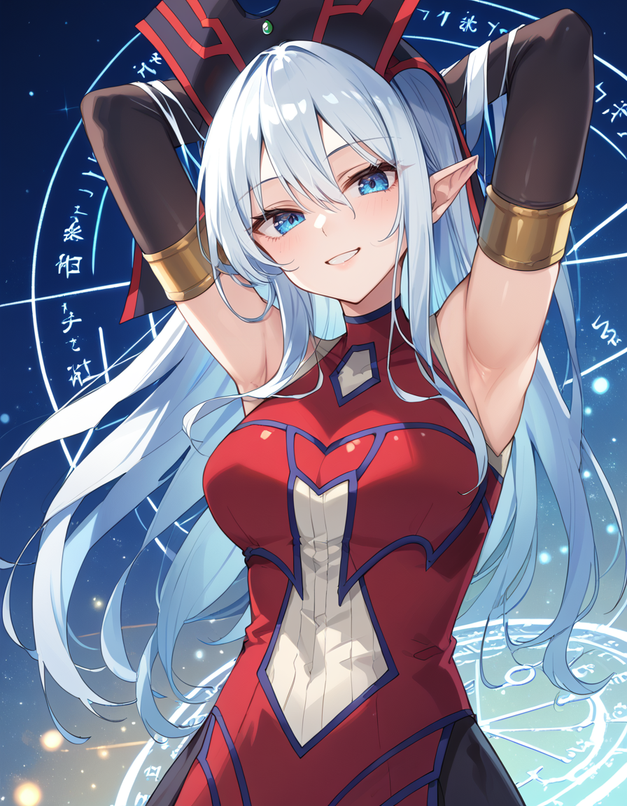 (score_9:0.9),score_8_up,score_7_up,rating_safe,anime style,(zPDXL),(zPDXL3),<lora:Ruin Queen of Oblivion ponyXL v1.1:0.83>,ruin queen of oblivion,1girl,solo,arms up,armpits,upper body,looking at viewer,red dress,blue theme,black elbow gloves,dutch angle,smile,large breasts,arms behind head,red headwear,magic circle