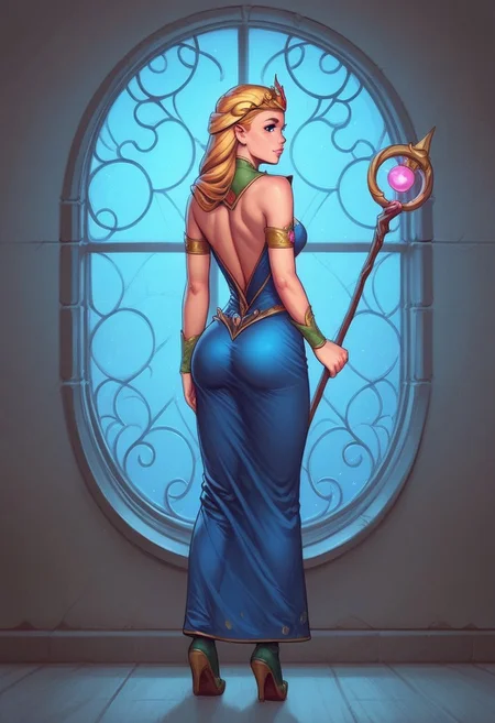 1girl, (((back view))), from front, solo, illustration, comic style, highly detailed, skinny, model body, looking at viewer, masterpiece, best quality, 1girl, masterpiece, best quality, fayenchantress, 1girl, solo, blonde hair, long hair, blue eyes, (young beauty, fit body:1.3), ((((magic shining orb in staff right hand, opened magic book in left hand)))), ((((magic clothes, tiara)))), dynamic pose
<lora:FayEnchantress:0.9>
BREAK
(((dark magic Observatory inside, night sky in window:1.6)))) score_9, score_8_up, score_7_up, score_6_up, source_cartoon, rating_explicit, Expressiveh, ((((full body))))), dynamic pose