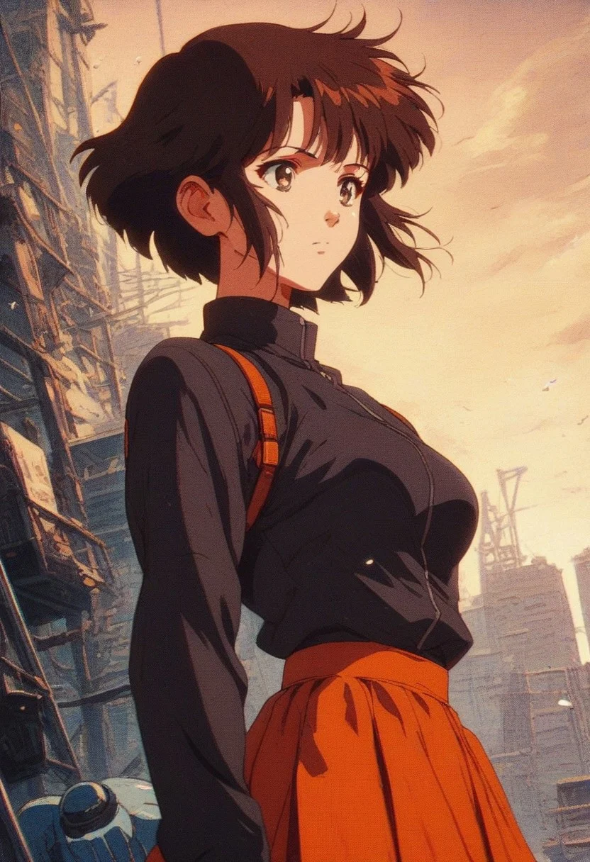 score_9, score_8_up, score_7_up, score_6_up, source_anime, 
1girl,Megumi <lora:KatoMegumi:1>,brown hair,katou megumi,brown eyes, short hair, orange skirt, medium breasts, in motion, equipment, straps, wind, stands spectacularly,beautiful angle, epic, atmospheric,high detail,
multi-layered background aura magical glow,  knva, halftone effect, retro artstyle, <lora:Kenva:0.8>
