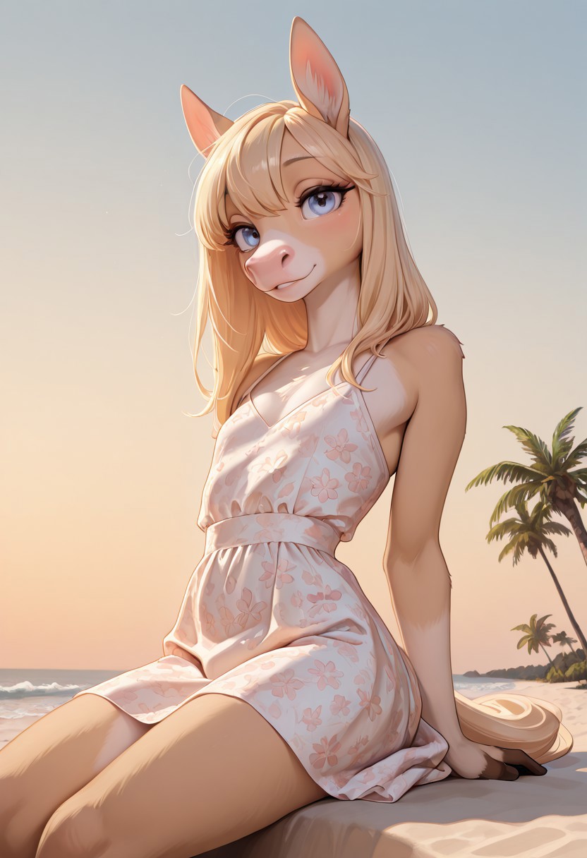 masterpiece, best quality, amazing quality, very aesthetic, high resolution, ultra-detailed, detailed background, absurdres, newest, high quality, velvetsugarhooves, petite, anthro, furry, (detailed clothing:1.2, accessories:1.1, facial features:1.3, expression:1.2, body type:1.1, pose:1.2) sitting on a dark sand beach (detailed sand texture:1.1),  lower body and upper body, slightly angled to the right,  facing partially away from the viewer, wearing a short, patterned summer dress with a belted waist (detailed dress pattern:1.2),  neutral expression;  golden hour sunset over the ocean,  blending soft orange and pastel colors, calm sea with gentle waves, some palm trees (detailed palm trees:1.1) and a light colored beach structure (background,  distant, out of focus) visible on the horizon, low angle shot of the beach scene,  digital art,  golden light, medium shot, detailed hair,  natural light, soft focus, warm color palette,  beach scene, relaxing atmosphere, full_body. Flirty, sexy, seductive. Perfect proportions, sexy legs