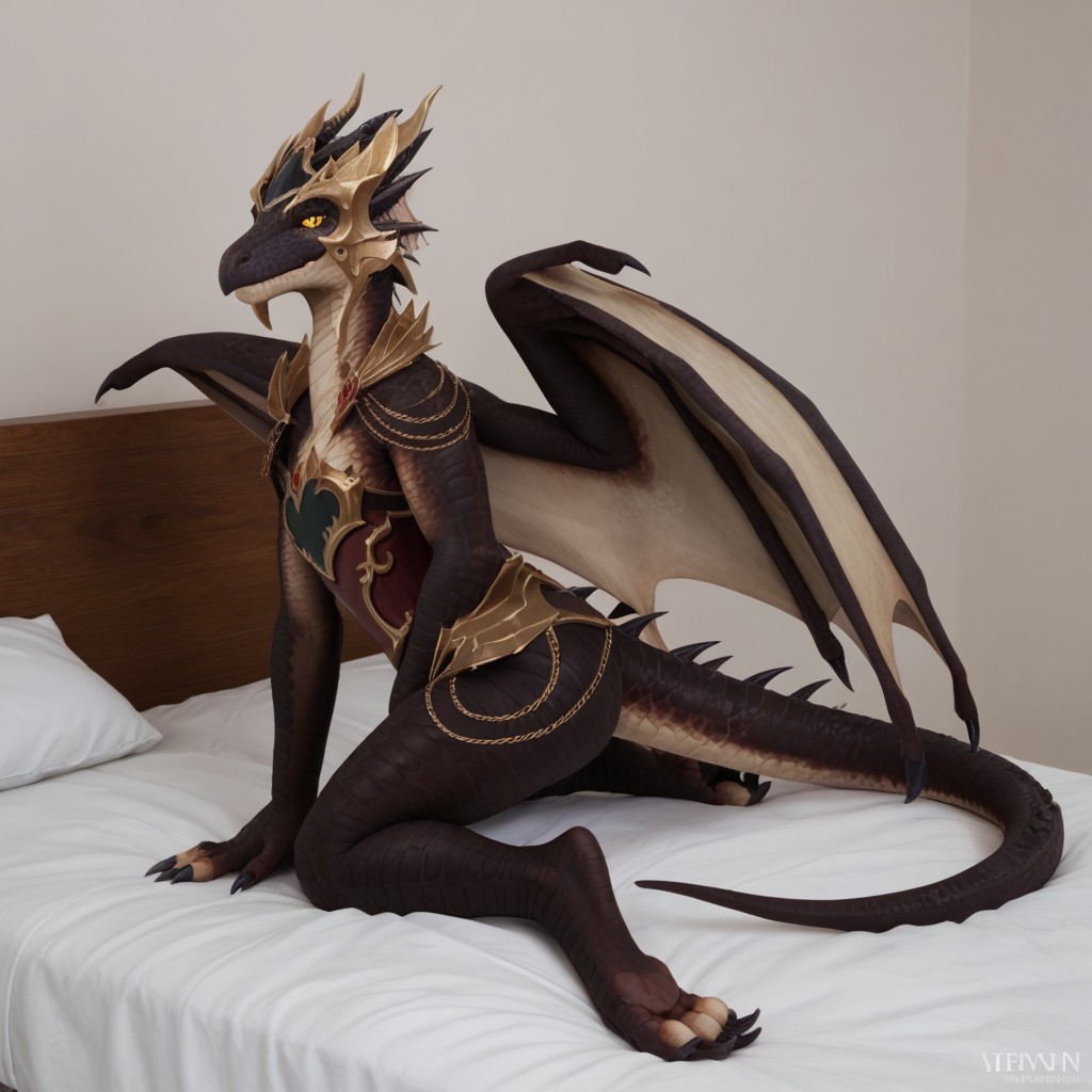 score_9, score_8_up, score_7_up, score_6_up, score_5_up, score_4_up, masterpiece, high quality, realistic, detailed, best quality, 1girl, solo, rating_safe, source_furry, white bed, bedroom, smiling, seductive, looking at viewer, on bed, full body, emberthal_wc, dracthyr, dragon, black scales, wings, horns, tail, claws, female, 1girl, anthro, yellow sclera, armor, helmet, black slit eyes, negative_hand